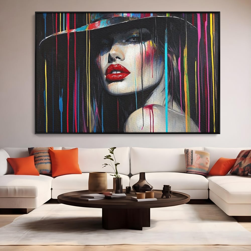 Leinwand Premium Canvas Wandbilder, LuxCanva® G1099, Farbe Drama, Glam, Neon, Lippen, Rot, Exzentrisch, Grazien, Hut, Hut, Portrait, Feminismus, Wohnen, Schlafzimmer