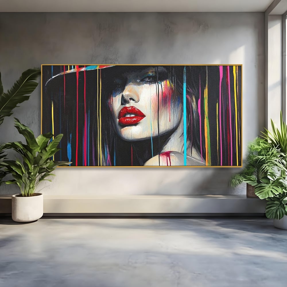 Leinwand Premium Canvas Wandbilder, LuxCanva® G1099, Farbe Drama, Glam, Neon, Lippen, Rot, Exzentrisch, Grazien, Hut, Hut, Portrait, Feminismus, Wohnen, Schlafzimmer