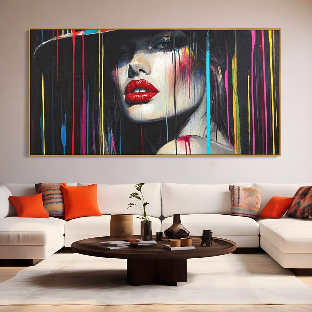 Leinwand Premium Canvas Wandbilder, LuxCanva® G1099, Farbe Drama, Glam, Neon, Lippen, Rot, Exzentrisch, Grazien, Hut, Hut, Portrait, Feminismus, Wohnen, Schlafzimmer