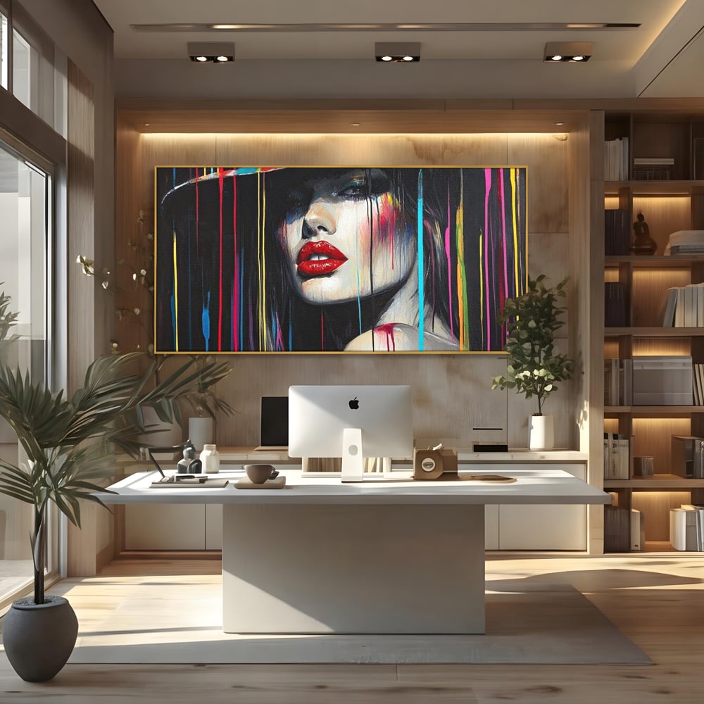 Leinwand Premium Canvas Wandbilder, LuxCanva® G1099, Farbe Drama, Glam, Neon, Lippen, Rot, Exzentrisch, Grazien, Hut, Hut, Portrait, Feminismus, Wohnen, Schlafzimmer