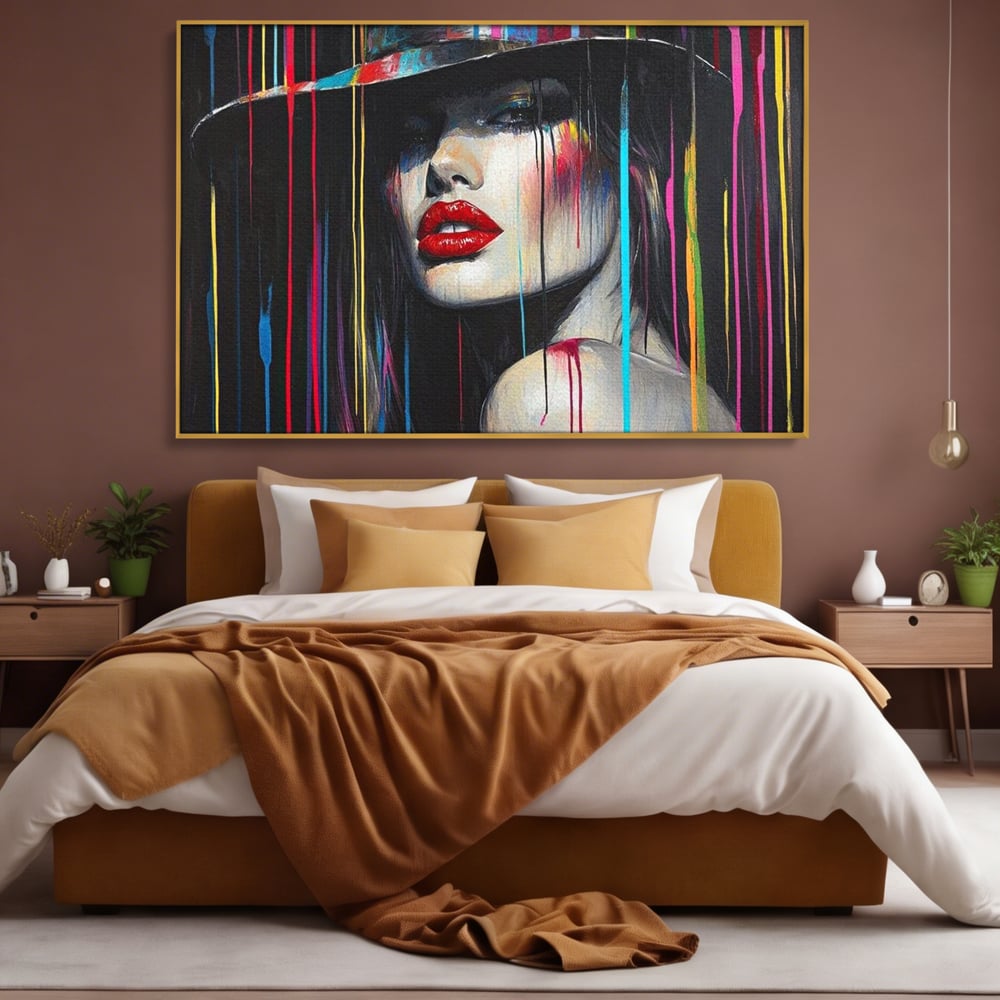 Leinwand Premium Canvas Wandbilder, LuxCanva® G1099, Farbe Drama, Glam, Neon, Lippen, Rot, Exzentrisch, Grazien, Hut, Hut, Portrait, Feminismus, Wohnen, Schlafzimmer