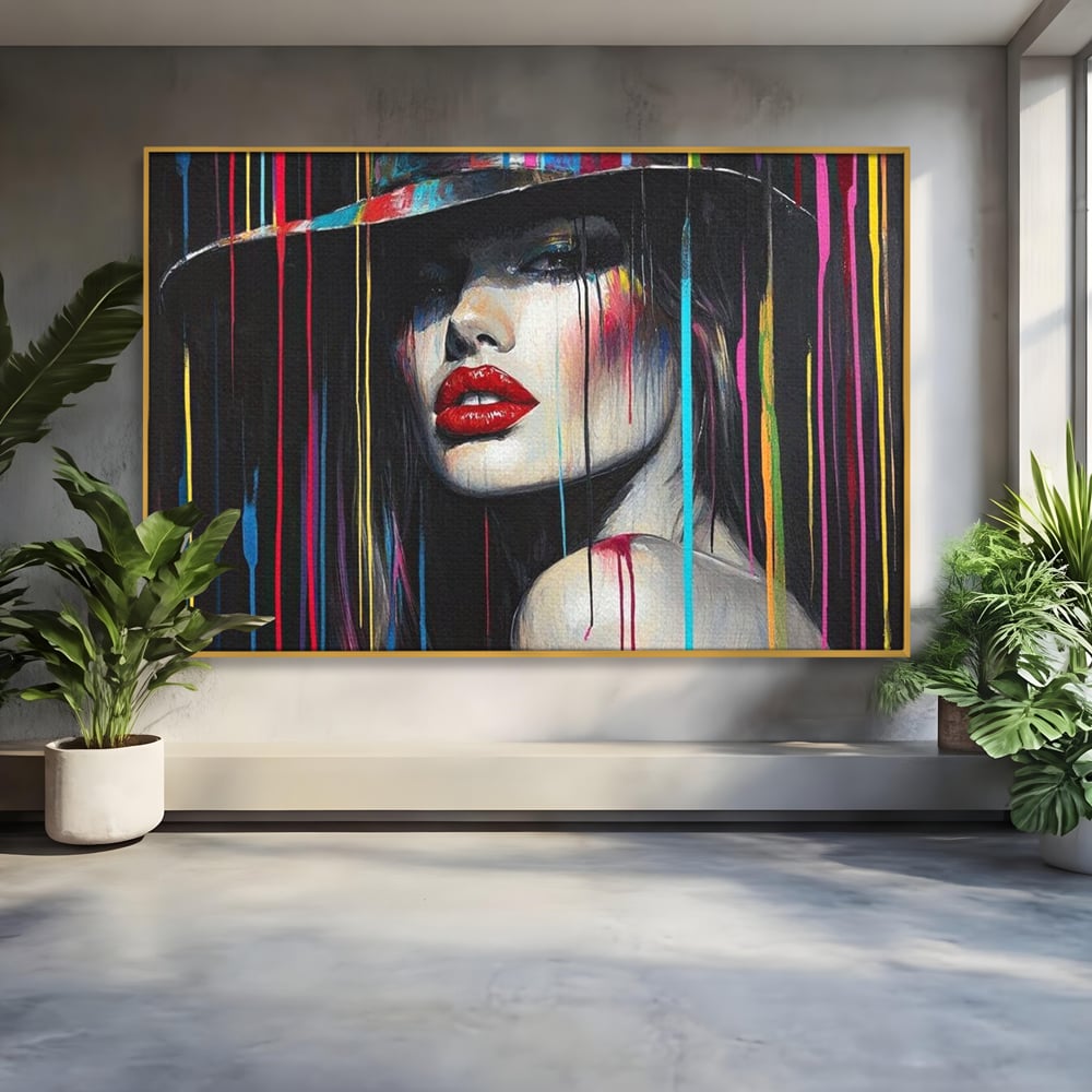 Leinwand Premium Canvas Wandbilder, LuxCanva® G1099, Farbe Drama, Glam, Neon, Lippen, Rot, Exzentrisch, Grazien, Hut, Hut, Portrait, Feminismus, Wohnen, Schlafzimmer