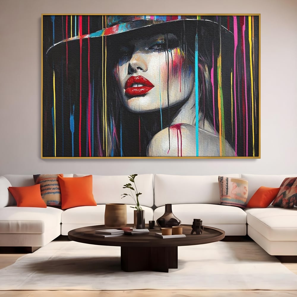 Leinwand Premium Canvas Wandbilder, LuxCanva® G1099, Farbe Drama, Glam, Neon, Lippen, Rot, Exzentrisch, Grazien, Hut, Hut, Portrait, Feminismus, Wohnen, Schlafzimmer