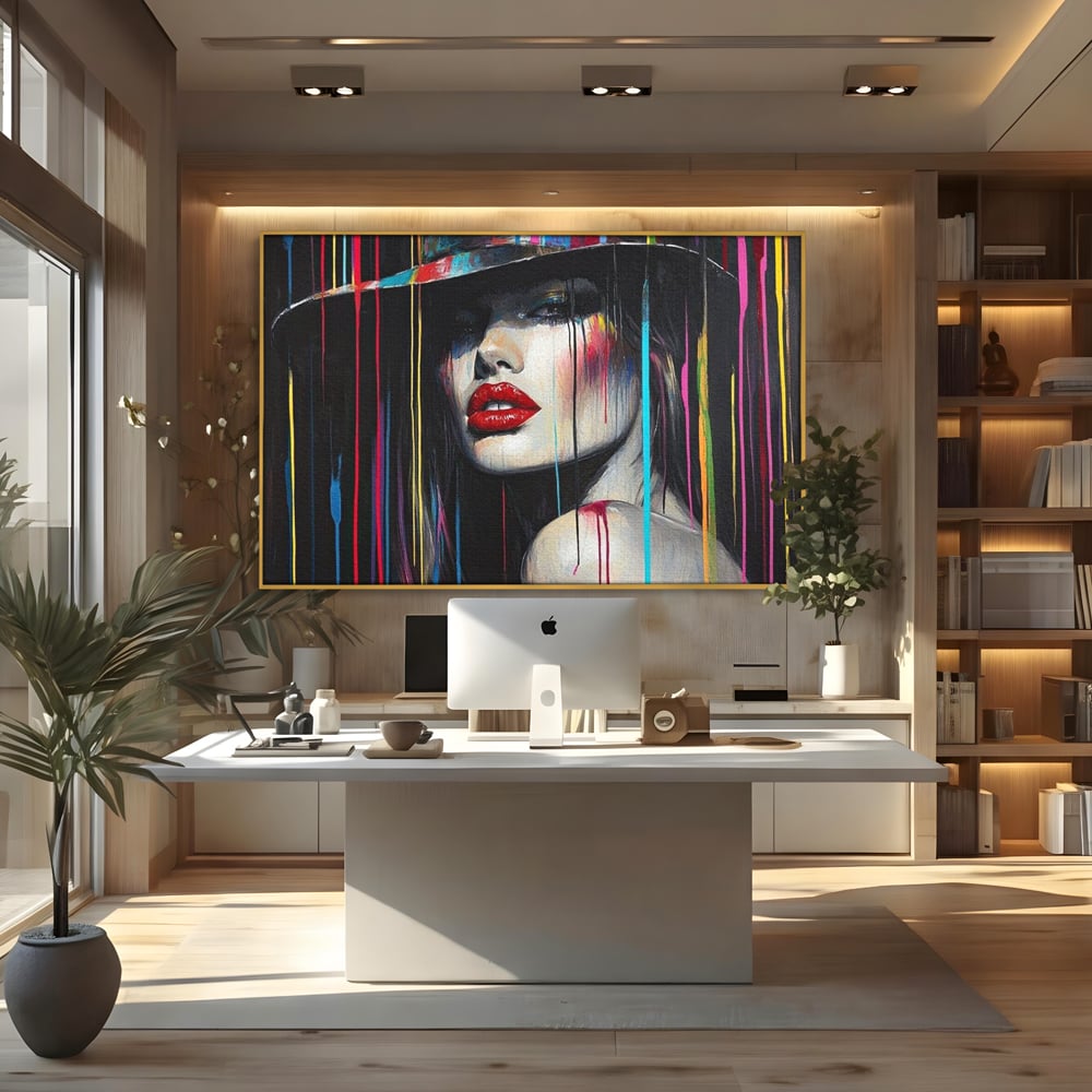 Leinwand Premium Canvas Wandbilder, LuxCanva® G1099, Farbe Drama, Glam, Neon, Lippen, Rot, Exzentrisch, Grazien, Hut, Hut, Portrait, Feminismus, Wohnen, Schlafzimmer