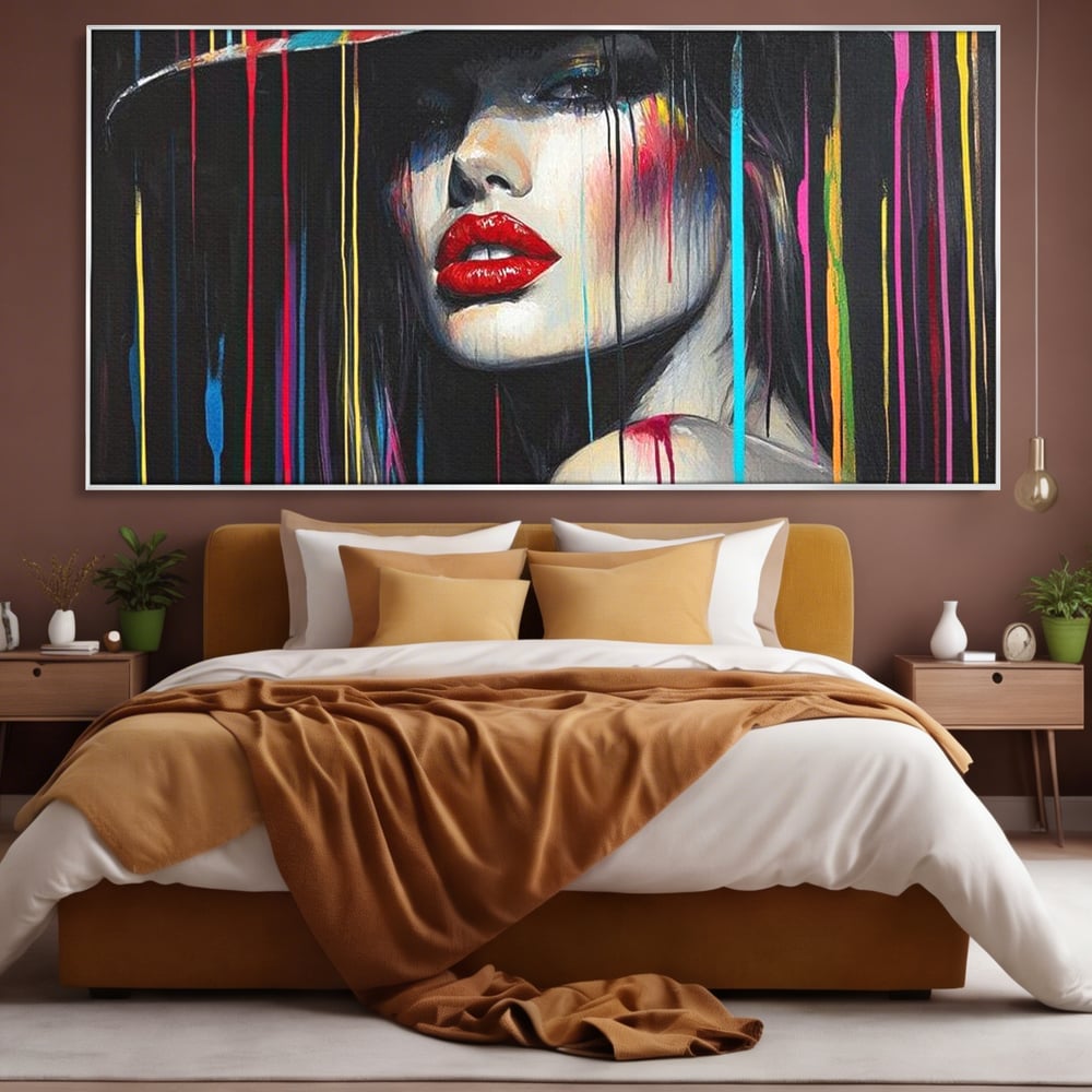 Leinwand Premium Canvas Wandbilder, LuxCanva® G1099, Farbe Drama, Glam, Neon, Lippen, Rot, Exzentrisch, Grazien, Hut, Hut, Portrait, Feminismus, Wohnen, Schlafzimmer