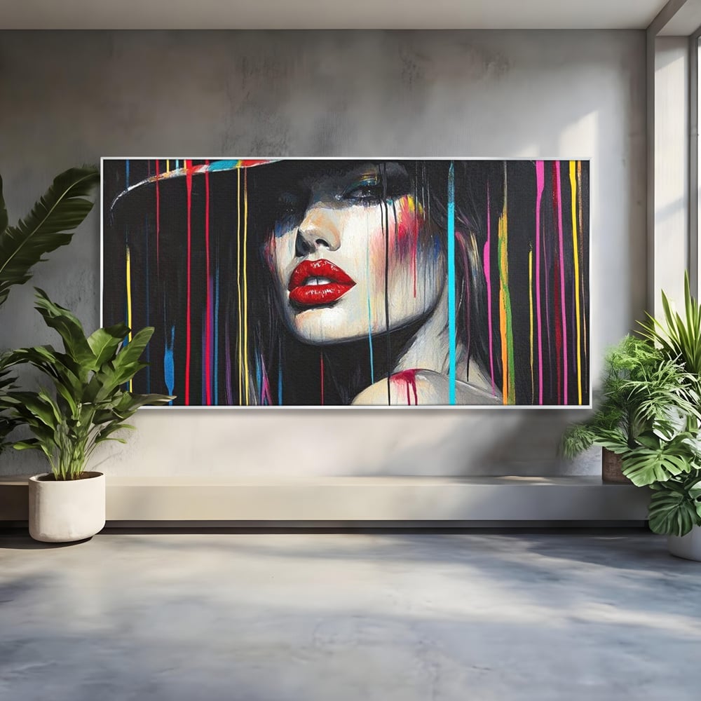 Leinwand Premium Canvas Wandbilder, LuxCanva® G1099, Farbe Drama, Glam, Neon, Lippen, Rot, Exzentrisch, Grazien, Hut, Hut, Portrait, Feminismus, Wohnen, Schlafzimmer