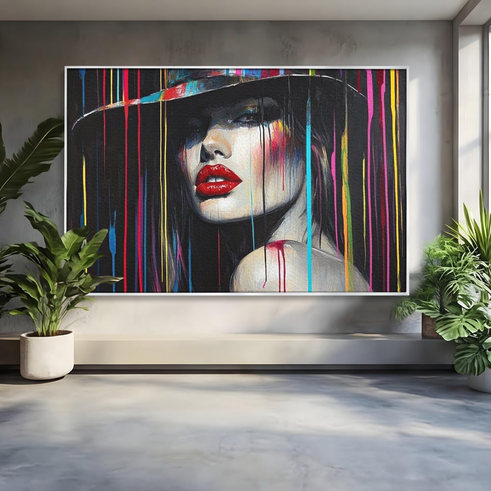 Leinwand Premium Canvas Wandbilder, LuxCanva® G1099, Farbe Drama, Glam, Neon, Lippen, Rot, Exzentrisch, Grazien, Hut, Hut, Portrait, Feminismus, Wohnen, Schlafzimmer