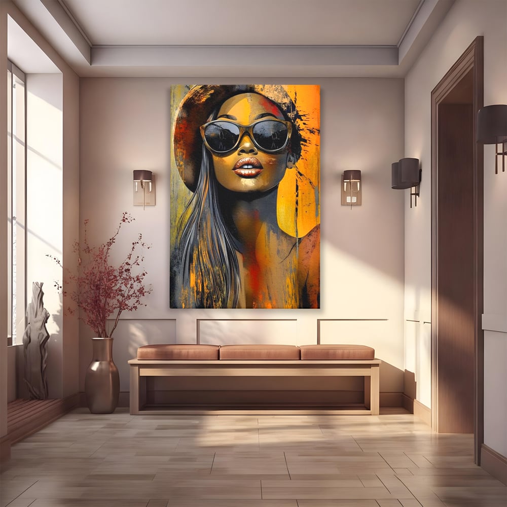 Tablou Canvas Premium, LuxCanva® G1100, Privirea Care Arde, Piele, Aur, Umbre, Soare, Stralucire, Rebela, Fashion, Art, Vara, Living, Dormitor