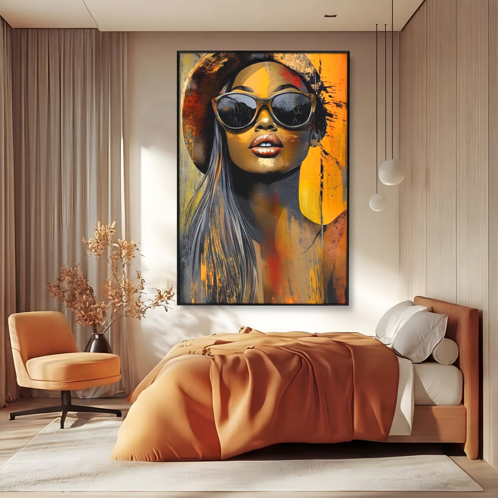 Tablou Canvas Premium, LuxCanva® G1100, Privirea Care Arde, Piele, Aur, Umbre, Soare, Stralucire, Rebela, Fashion, Art, Vara, Living, Dormitor