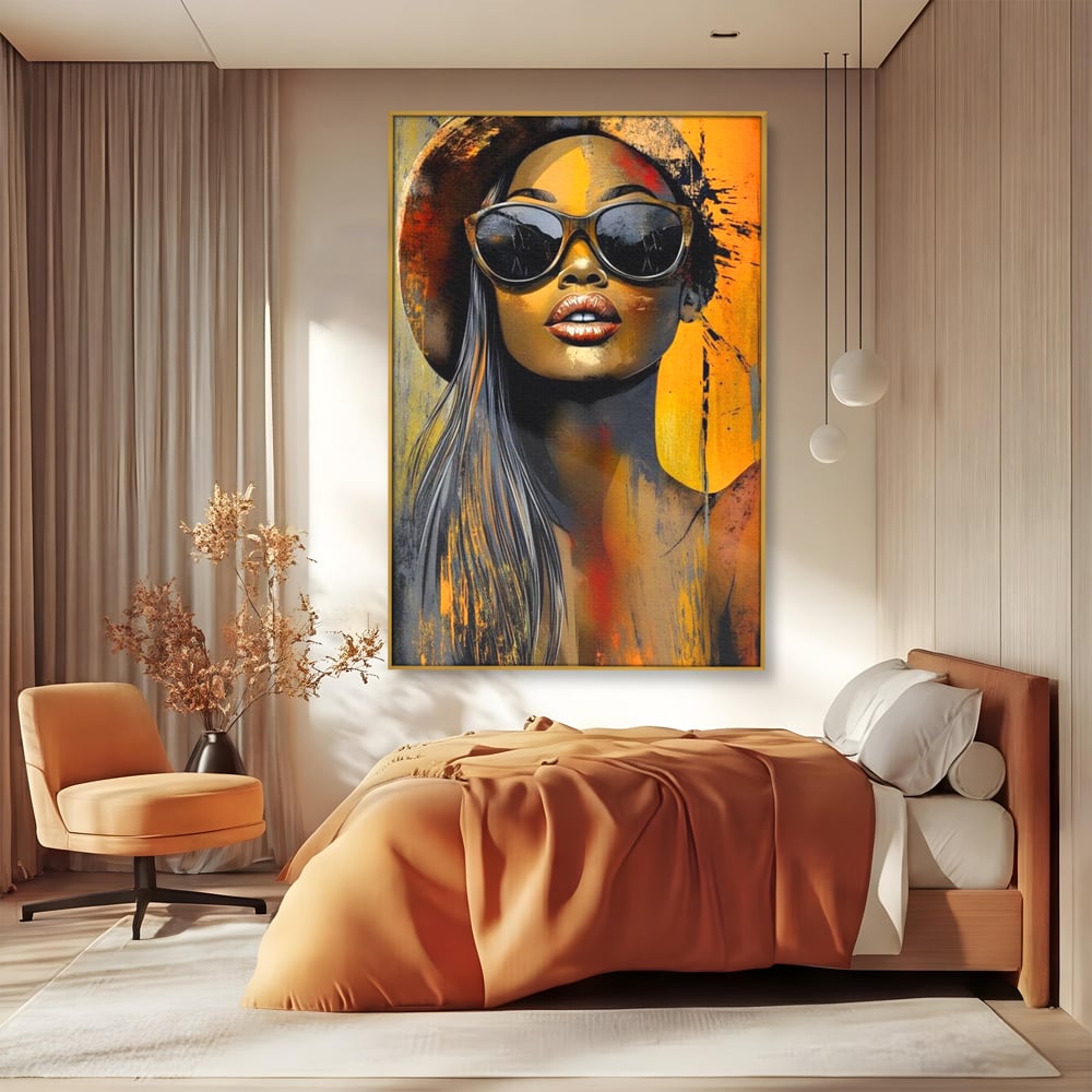 Tablou Canvas Premium, LuxCanva® G1100, Privirea Care Arde, Piele, Aur, Umbre, Soare, Stralucire, Rebela, Fashion, Art, Vara, Living, Dormitor