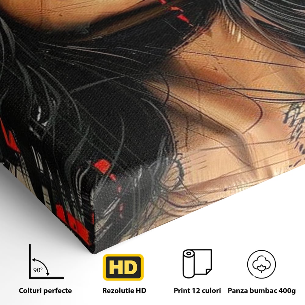 Tablou Canvas Premium, LuxCanva® G1101, Privirea de Catifea, Red, Lips, Privire, Pasiune, Negru, Eleganta, Glam, Palarie, Accesoriu, Living, Dormitor