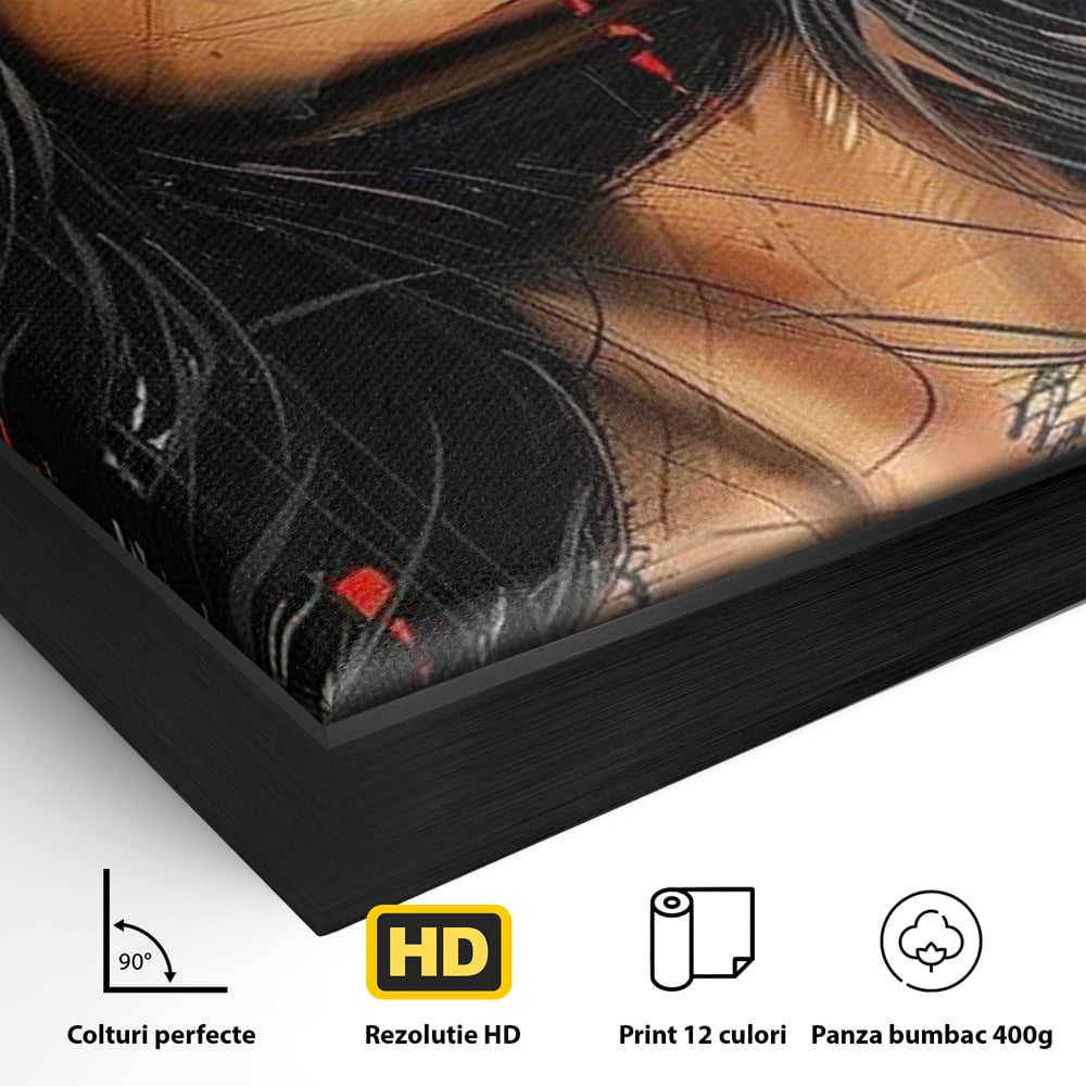 Tablou Canvas Premium, LuxCanva® G1101, Privirea de Catifea, Red, Lips, Privire, Pasiune, Negru, Eleganta, Glam, Palarie, Accesoriu, Living, Dormitor