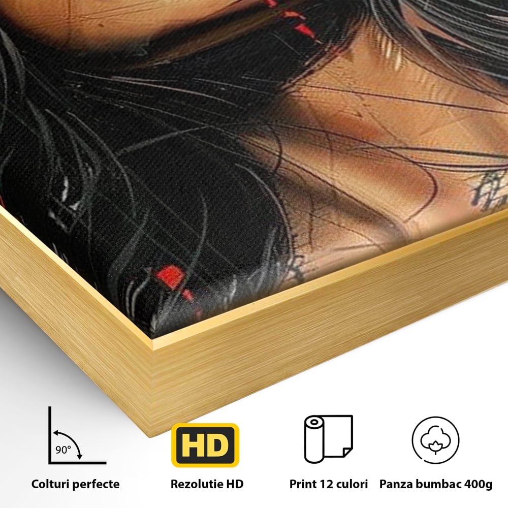 Tablou Canvas Premium, LuxCanva® G1101, Privirea de Catifea, Red, Lips, Privire, Pasiune, Negru, Eleganta, Glam, Palarie, Accesoriu, Living, Dormitor