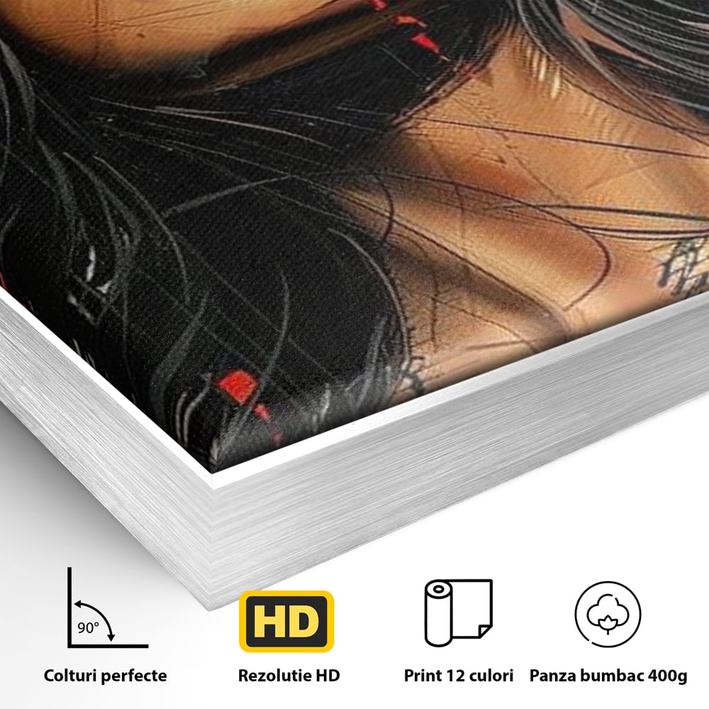 Tablou Canvas Premium, LuxCanva® G1101, Privirea de Catifea, Red, Lips, Privire, Pasiune, Negru, Eleganta, Glam, Palarie, Accesoriu, Living, Dormitor