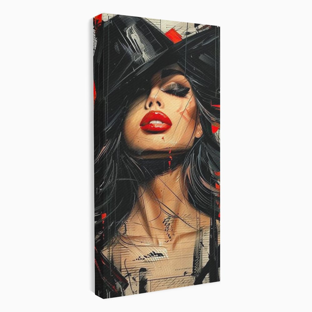Tablou Canvas Premium, LuxCanva® G1101, Privirea de Catifea, Red, Lips, Privire, Pasiune, Negru, Eleganta, Glam, Palarie, Accesoriu, Living, Dormitor