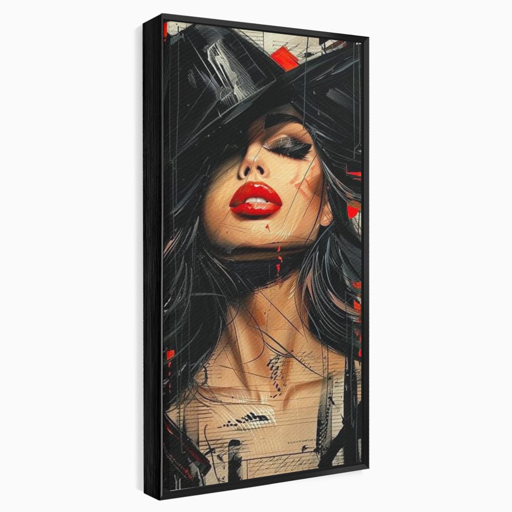 Tablou Canvas Premium, LuxCanva® G1101, Privirea de Catifea, Red, Lips, Privire, Pasiune, Negru, Eleganta, Glam, Palarie, Accesoriu, Living, Dormitor