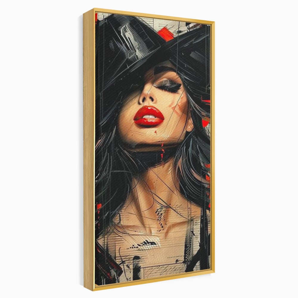Tablou Canvas Premium, LuxCanva® G1101, Privirea de Catifea, Red, Lips, Privire, Pasiune, Negru, Eleganta, Glam, Palarie, Accesoriu, Living, Dormitor