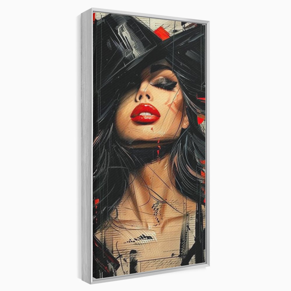 Tablou Canvas Premium, LuxCanva® G1101, Privirea de Catifea, Red, Lips, Privire, Pasiune, Negru, Eleganta, Glam, Palarie, Accesoriu, Living, Dormitor