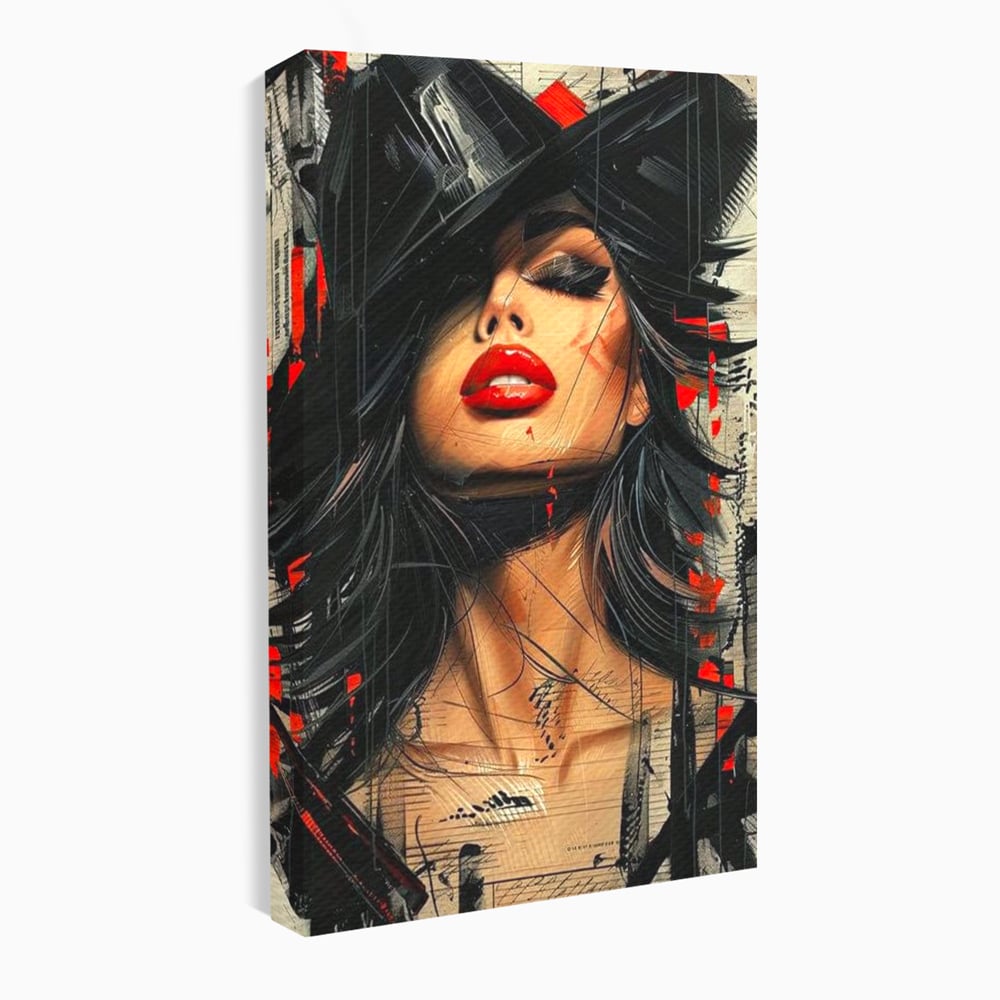 Tablou Canvas Premium, LuxCanva® G1101, Privirea de Catifea, Red, Lips, Privire, Pasiune, Negru, Eleganta, Glam, Palarie, Accesoriu, Living, Dormitor