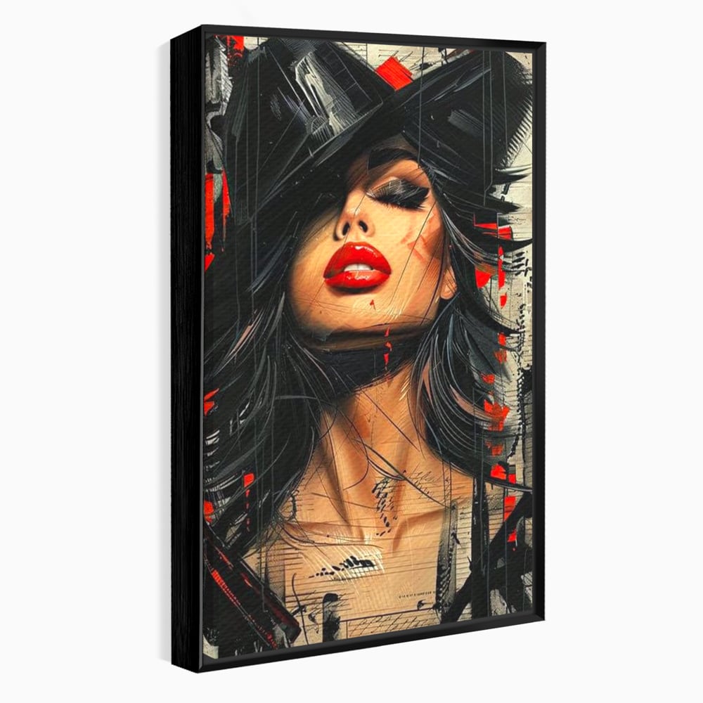 Tablou Canvas Premium, LuxCanva® G1101, Privirea de Catifea, Red, Lips, Privire, Pasiune, Negru, Eleganta, Glam, Palarie, Accesoriu, Living, Dormitor