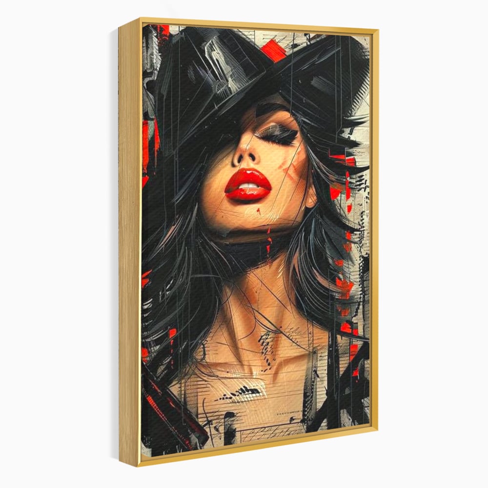 Tablou Canvas Premium, LuxCanva® G1101, Privirea de Catifea, Red, Lips, Privire, Pasiune, Negru, Eleganta, Glam, Palarie, Accesoriu, Living, Dormitor