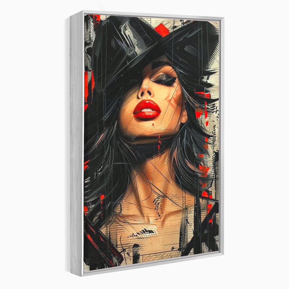 Tablou Canvas Premium, LuxCanva® G1101, Privirea de Catifea, Red, Lips, Privire, Pasiune, Negru, Eleganta, Glam, Palarie, Accesoriu, Living, Dormitor