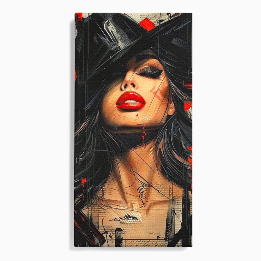 Tablou Canvas Premium, LuxCanva® G1101, Privirea de Catifea, Red, Lips, Privire, Pasiune, Negru, Eleganta, Glam, Palarie, Accesoriu, Living, Dormitor