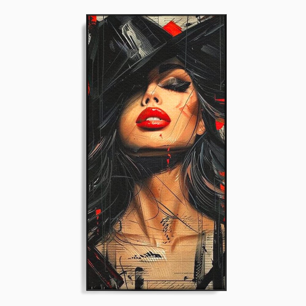 Tablou Canvas Premium, LuxCanva® G1101, Privirea de Catifea, Red, Lips, Privire, Pasiune, Negru, Eleganta, Glam, Palarie, Accesoriu, Living, Dormitor
