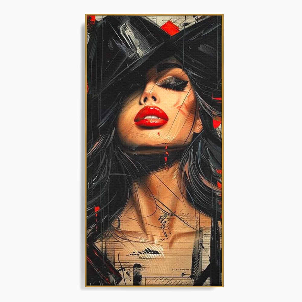 Tablou Canvas Premium, LuxCanva® G1101, Privirea de Catifea, Red, Lips, Privire, Pasiune, Negru, Eleganta, Glam, Palarie, Accesoriu, Living, Dormitor