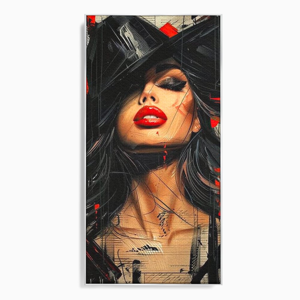 Tablou Canvas Premium, LuxCanva® G1101, Privirea de Catifea, Red, Lips, Privire, Pasiune, Negru, Eleganta, Glam, Palarie, Accesoriu, Living, Dormitor