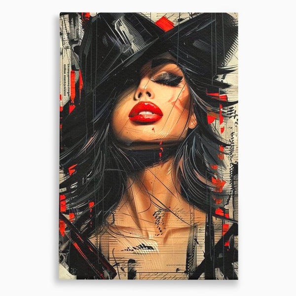 Tablou Canvas Premium, LuxCanva® G1101, Privirea de Catifea, Red, Lips, Privire, Pasiune, Negru, Eleganta, Glam, Palarie, Accesoriu, Living, Dormitor