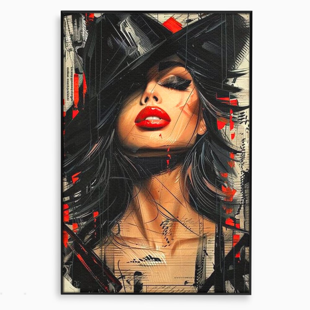 Tablou Canvas Premium, LuxCanva® G1101, Privirea de Catifea, Red, Lips, Privire, Pasiune, Negru, Eleganta, Glam, Palarie, Accesoriu, Living, Dormitor