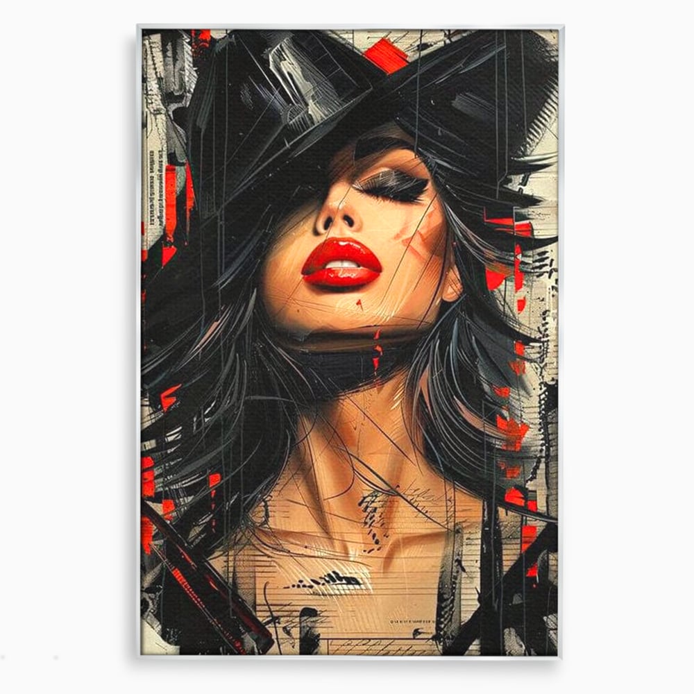 Tablou Canvas Premium, LuxCanva® G1101, Privirea de Catifea, Red, Lips, Privire, Pasiune, Negru, Eleganta, Glam, Palarie, Accesoriu, Living, Dormitor