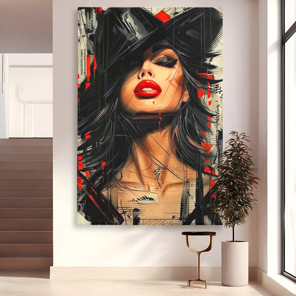 Tablou Canvas Premium, LuxCanva® G1101, Privirea de Catifea, Red, Lips, Privire, Pasiune, Negru, Eleganta, Glam, Palarie, Accesoriu, Living, Dormitor