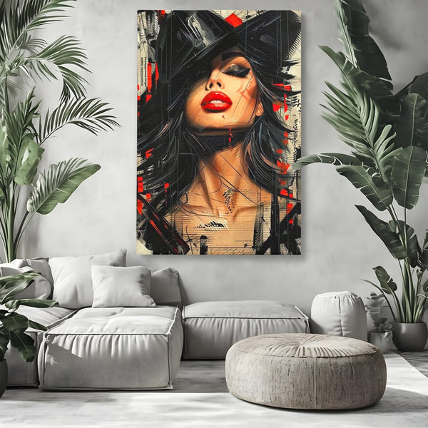 Tablou Canvas Premium, LuxCanva® G1101, Privirea de Catifea, Red, Lips, Privire, Pasiune, Negru, Eleganta, Glam, Palarie, Accesoriu, Living, Dormitor