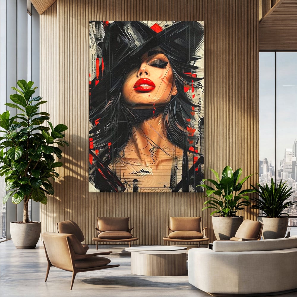 Tablou Canvas Premium, LuxCanva® G1101, Privirea de Catifea, Red, Lips, Privire, Pasiune, Negru, Eleganta, Glam, Palarie, Accesoriu, Living, Dormitor