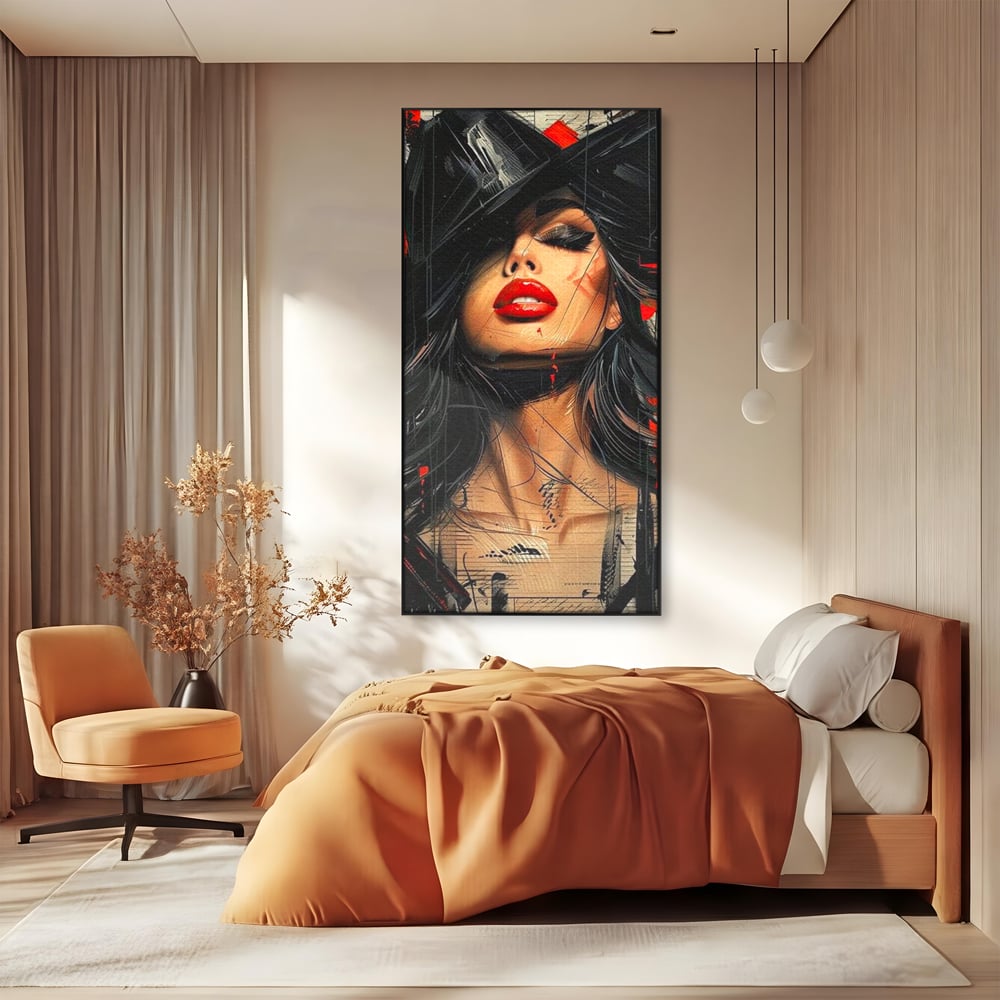 Tablou Canvas Premium, LuxCanva® G1101, Privirea de Catifea, Red, Lips, Privire, Pasiune, Negru, Eleganta, Glam, Palarie, Accesoriu, Living, Dormitor