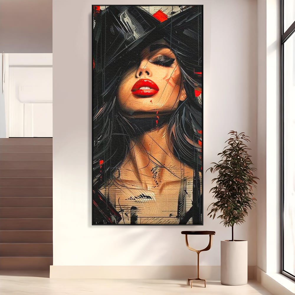 Tablou Canvas Premium, LuxCanva® G1101, Privirea de Catifea, Red, Lips, Privire, Pasiune, Negru, Eleganta, Glam, Palarie, Accesoriu, Living, Dormitor