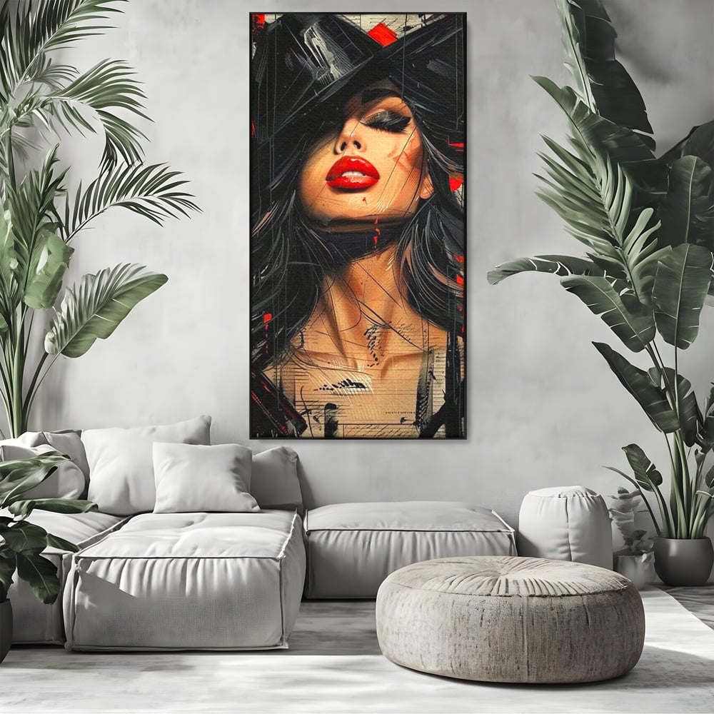 Tablou Canvas Premium, LuxCanva® G1101, Privirea de Catifea, Red, Lips, Privire, Pasiune, Negru, Eleganta, Glam, Palarie, Accesoriu, Living, Dormitor