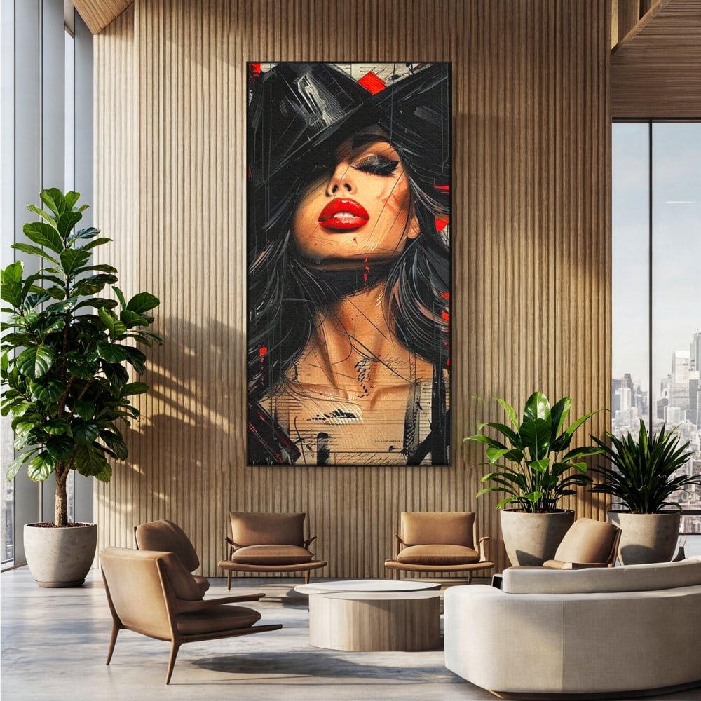 Tablou Canvas Premium, LuxCanva® G1101, Privirea de Catifea, Red, Lips, Privire, Pasiune, Negru, Eleganta, Glam, Palarie, Accesoriu, Living, Dormitor