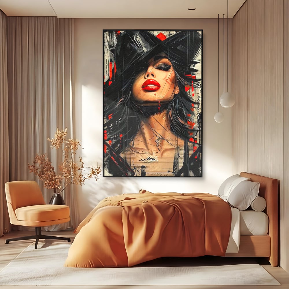 Tablou Canvas Premium, LuxCanva® G1101, Privirea de Catifea, Red, Lips, Privire, Pasiune, Negru, Eleganta, Glam, Palarie, Accesoriu, Living, Dormitor