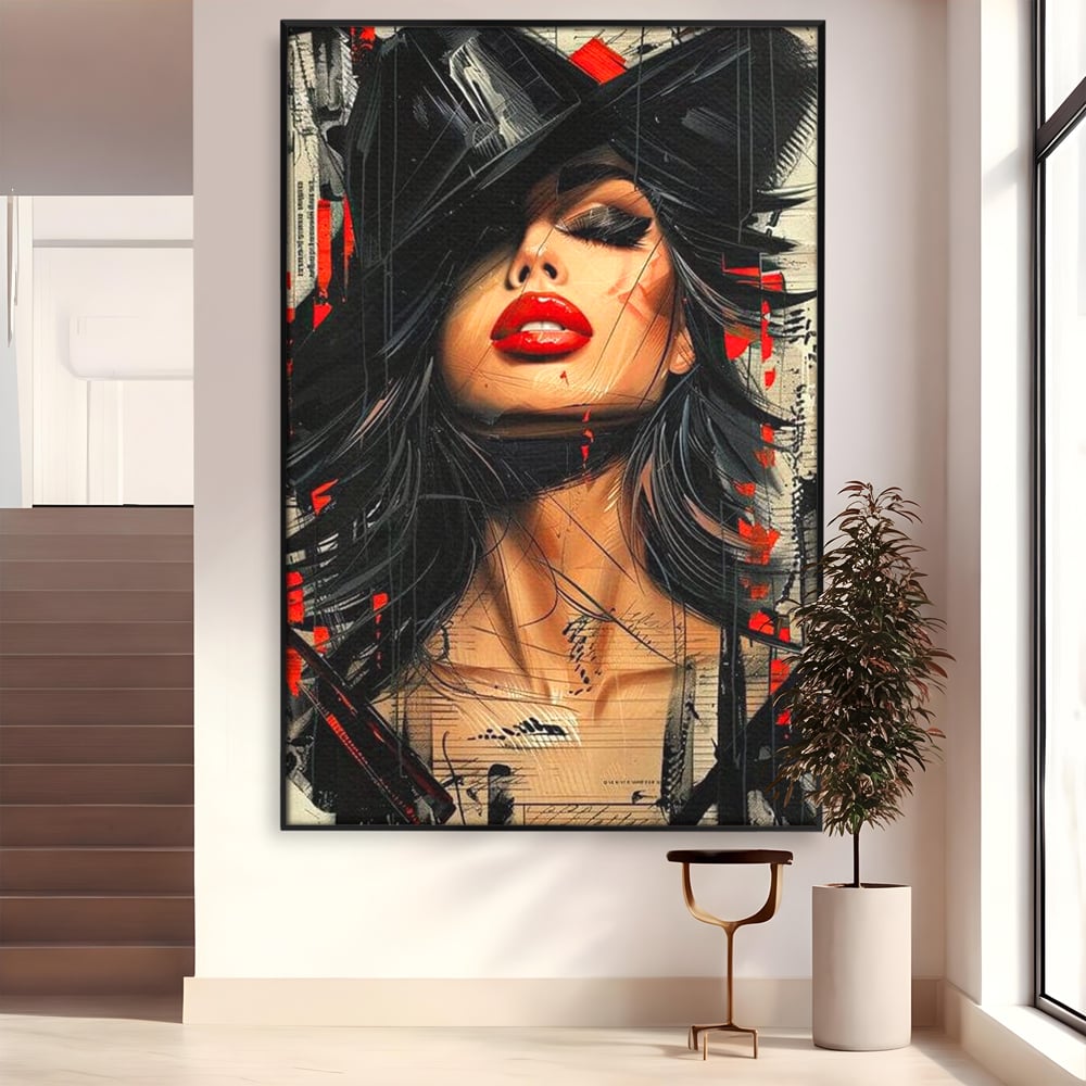 Tablou Canvas Premium, LuxCanva® G1101, Privirea de Catifea, Red, Lips, Privire, Pasiune, Negru, Eleganta, Glam, Palarie, Accesoriu, Living, Dormitor