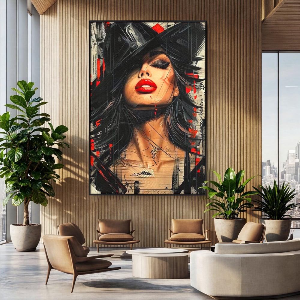 Tablou Canvas Premium, LuxCanva® G1101, Privirea de Catifea, Red, Lips, Privire, Pasiune, Negru, Eleganta, Glam, Palarie, Accesoriu, Living, Dormitor