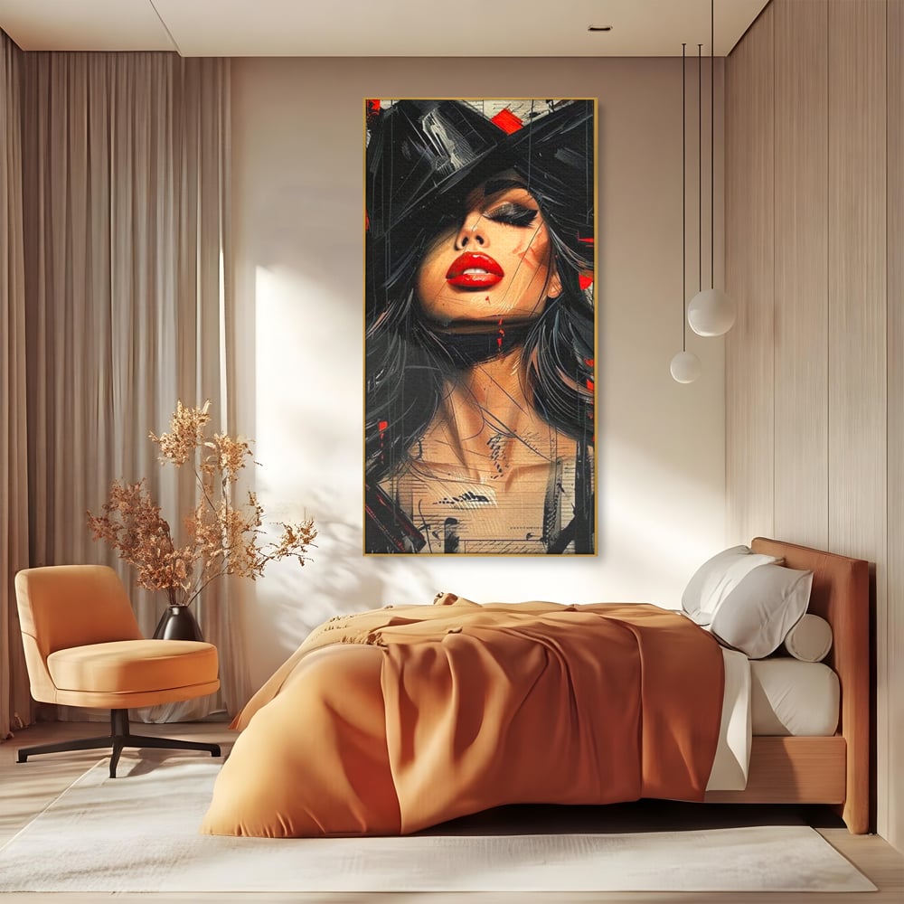 Tablou Canvas Premium, LuxCanva® G1101, Privirea de Catifea, Red, Lips, Privire, Pasiune, Negru, Eleganta, Glam, Palarie, Accesoriu, Living, Dormitor