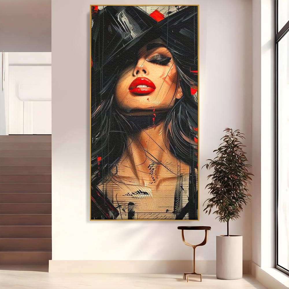 Tablou Canvas Premium, LuxCanva® G1101, Privirea de Catifea, Red, Lips, Privire, Pasiune, Negru, Eleganta, Glam, Palarie, Accesoriu, Living, Dormitor