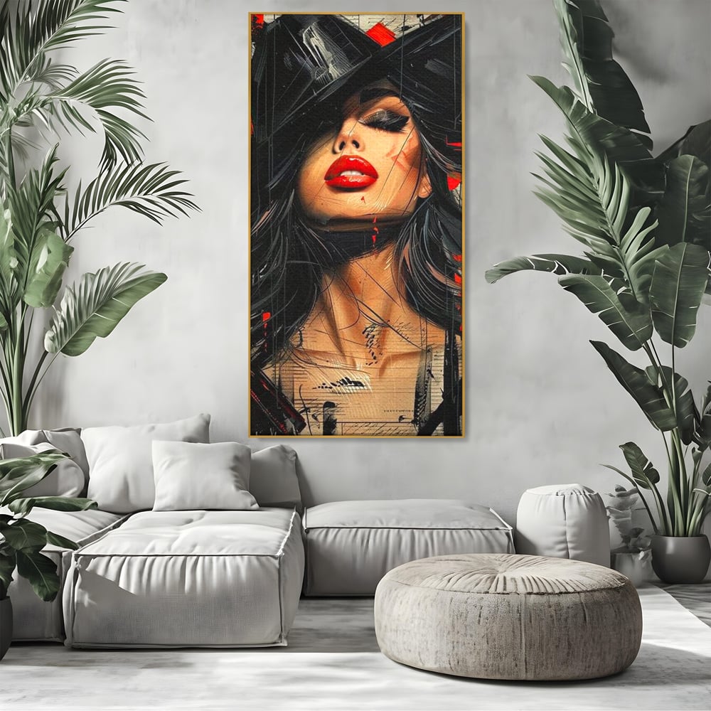 Tablou Canvas Premium, LuxCanva® G1101, Privirea de Catifea, Red, Lips, Privire, Pasiune, Negru, Eleganta, Glam, Palarie, Accesoriu, Living, Dormitor