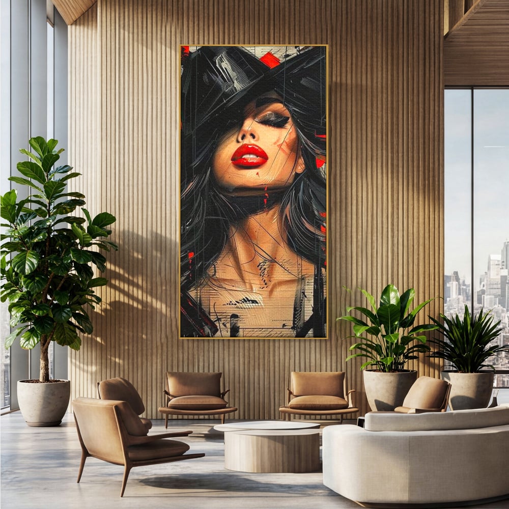 Tablou Canvas Premium, LuxCanva® G1101, Privirea de Catifea, Red, Lips, Privire, Pasiune, Negru, Eleganta, Glam, Palarie, Accesoriu, Living, Dormitor