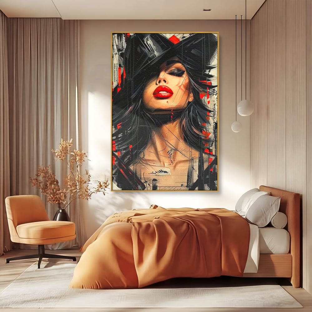 Tablou Canvas Premium, LuxCanva® G1101, Privirea de Catifea, Red, Lips, Privire, Pasiune, Negru, Eleganta, Glam, Palarie, Accesoriu, Living, Dormitor