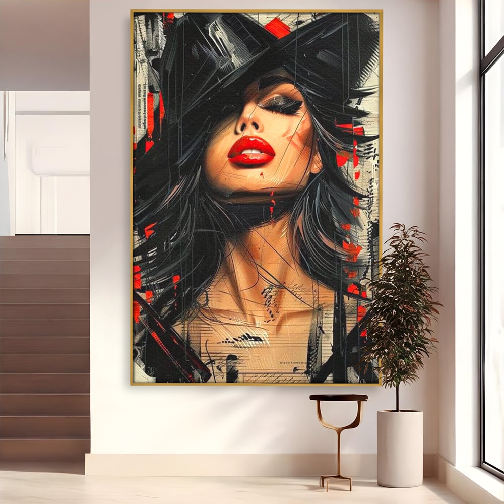 Tablou Canvas Premium, LuxCanva® G1101, Privirea de Catifea, Red, Lips, Privire, Pasiune, Negru, Eleganta, Glam, Palarie, Accesoriu, Living, Dormitor