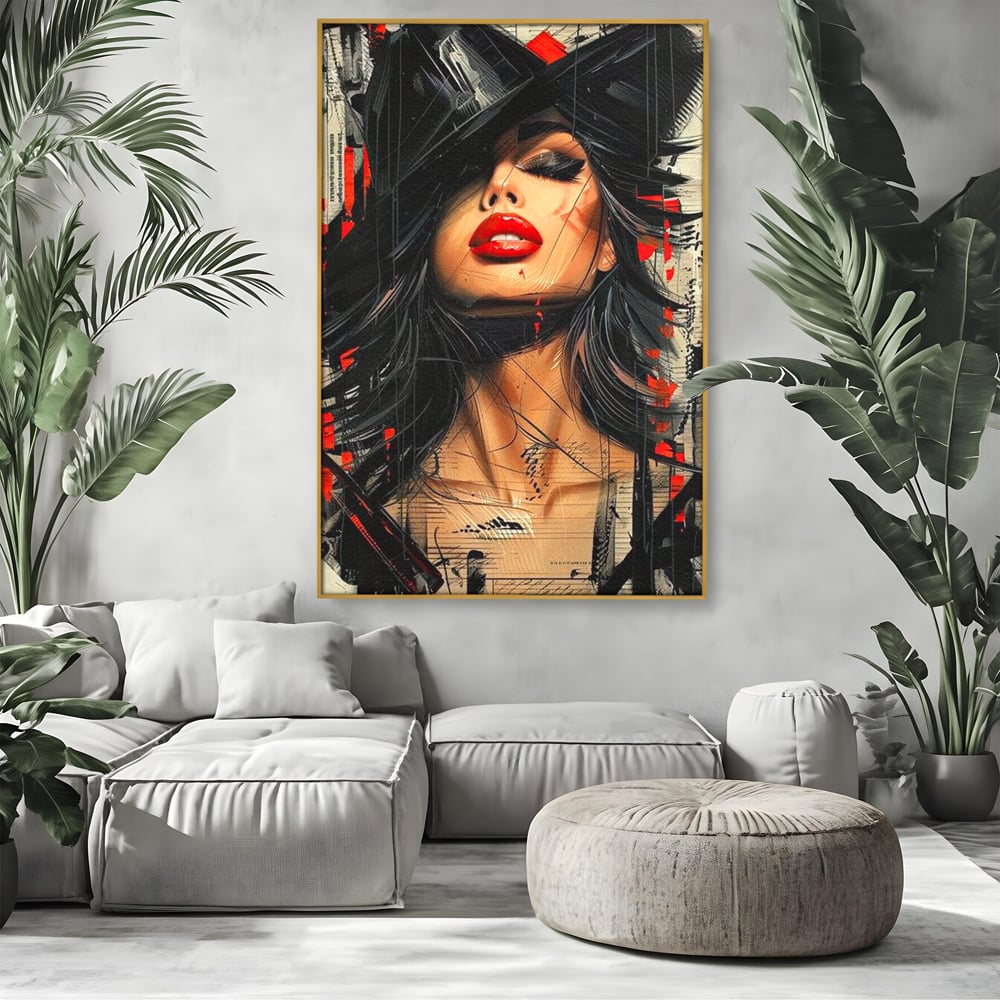 Tablou Canvas Premium, LuxCanva® G1101, Privirea de Catifea, Red, Lips, Privire, Pasiune, Negru, Eleganta, Glam, Palarie, Accesoriu, Living, Dormitor